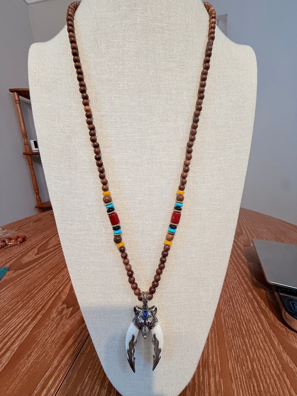 Wood Bead Wolf Fang Pendant Necklace 32” Tribal Boho